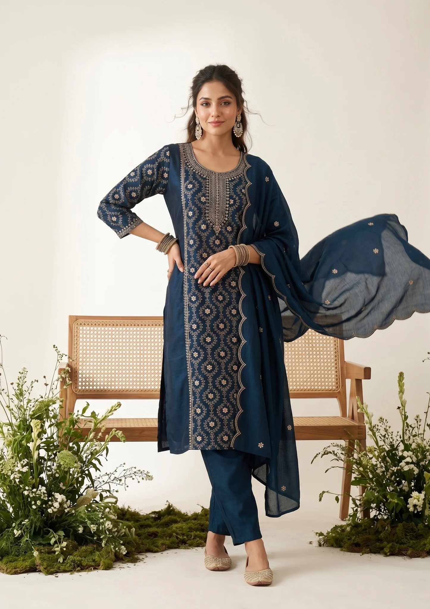 Navy Blue Soft Raw Silk Threadwork Anarkali Kurta With Regular Pant And Dupatta